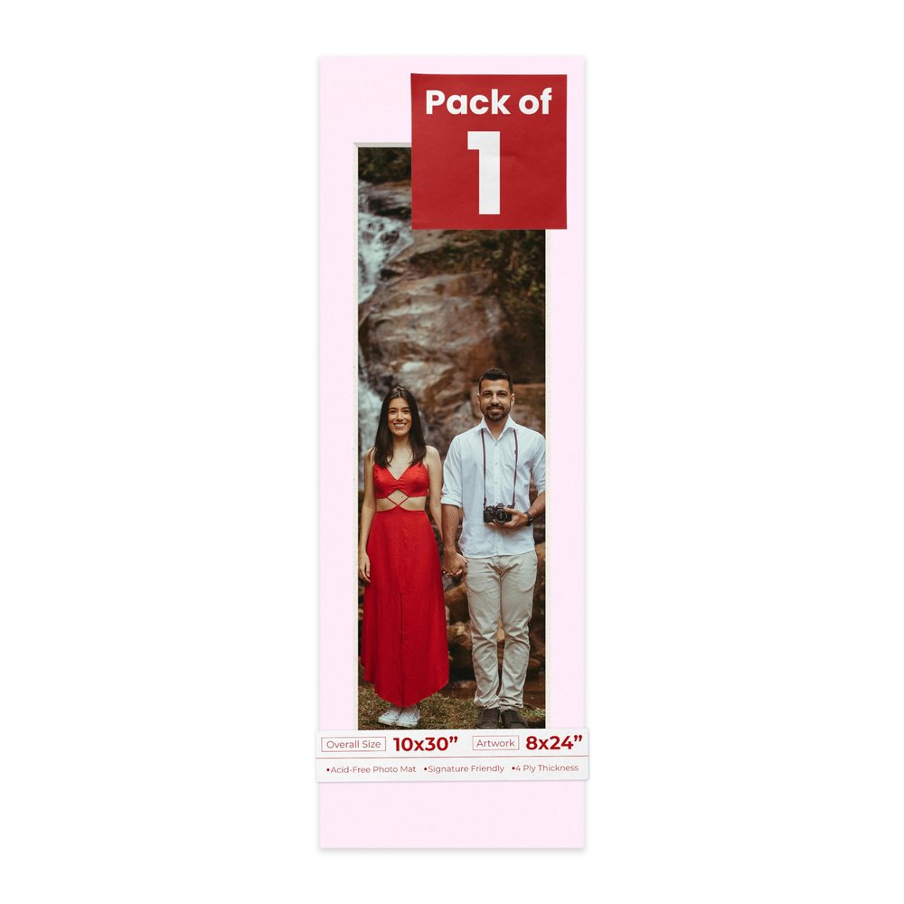 10x30 Mat Bevel Cut for 8x24 Photos - Acid Free Soft Pink Precut Matboard With Backing Board and Crystal Clear, Self Seal Photo Mat Bag - For Pictures, Photos, Framing - 4-ply Thickness