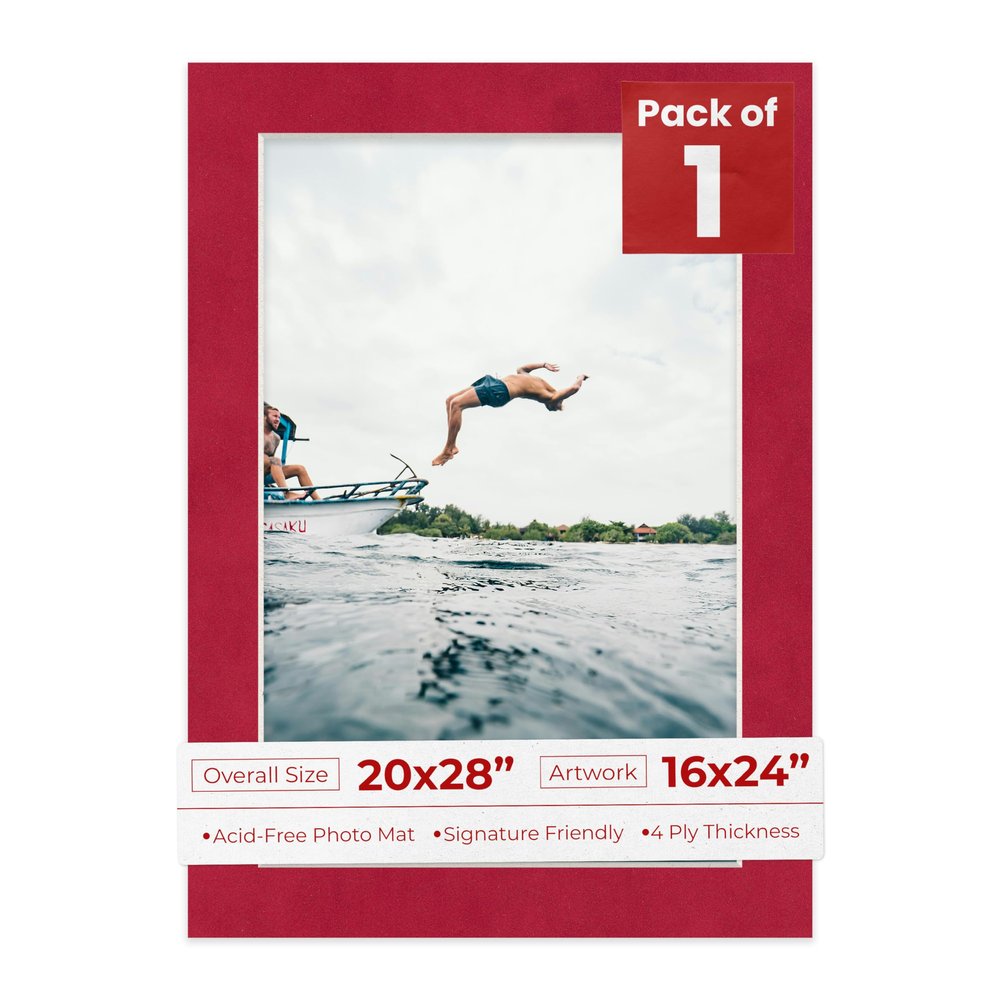 20x28 Mat Bevel Cut for 16x24 Photos - Acid Free Bright Red Suede Precut Matboard With Backing Board and Crystal Clear, Self Seal Mat Bag - For Pictures, Framing - 4-ply Thickness