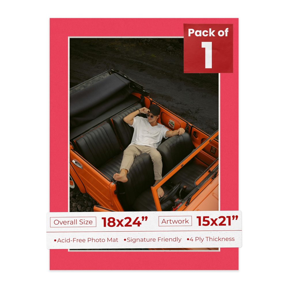 18x24 Mat Bevel Cut for 15x21 Photos - Acid Free Cardinal Red Precut Matboard With Backing Board and Crystal Clear, Self Seal Photo Mat Bag - For Pictures, Photos, Framing - 4-ply Thickness