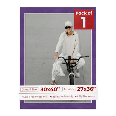 30x40 Mat Bevel Cut for 27x36 Photos - Acid Free Purple Crocus Suede Precut Matboard With Backing Board and Crystal Clear, Self Seal Photo Mat Bag - For Pictures, Photos, Framing - 4-ply Thickness