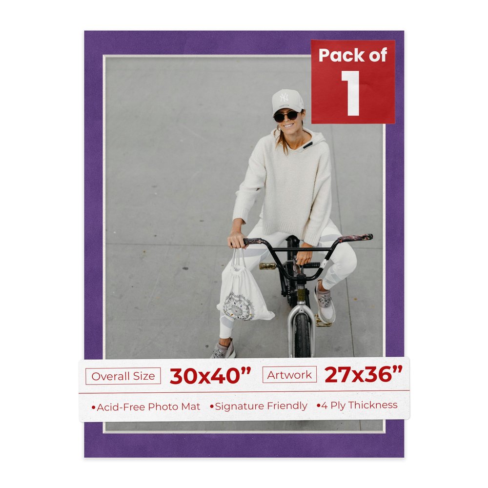 30x40 Mat Bevel Cut for 27x36 Photos - Acid Free Purple Crocus Suede Precut Matboard With Backing Board and Crystal Clear, Self Seal Photo Mat Bag - For Pictures, Photos, Framing - 4-ply Thickness