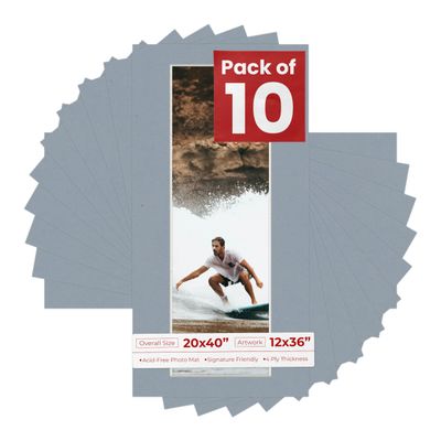 Poster Palooza Pack of TEN 20x40 Mats Bevel Cut for 12x36 Photos - Acid Free Mid Grey Precut Matboards For Pictures, Photos, Framing - 4-ply Thickness