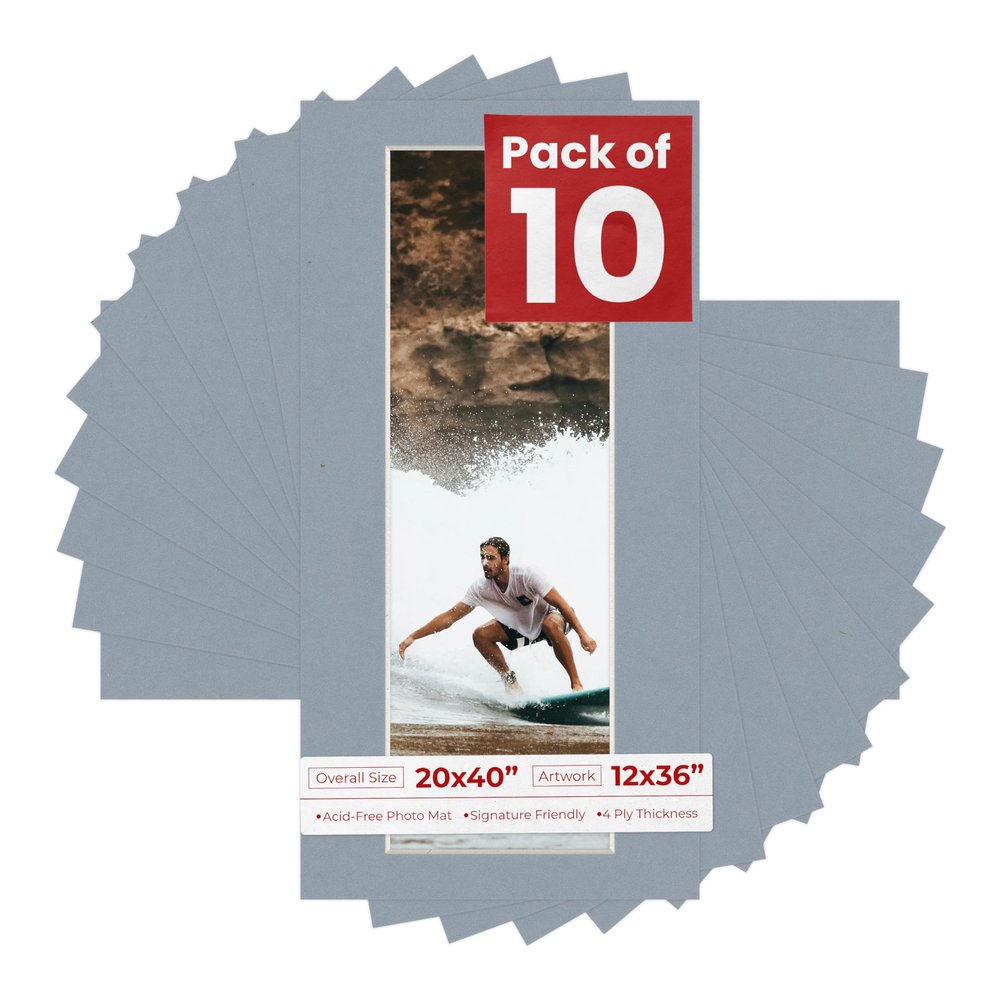 Poster Palooza Pack of TEN 20x40 Mats Bevel Cut for 12x36 Photos - Acid Free Mid Grey Precut Matboards For Pictures, Photos, Framing - 4-ply Thickness