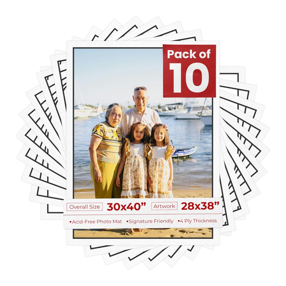 Poster Palooza Pack of TEN 30x40 Mats Bevel Cut for 28x38 Photos - Acid Free White with Black Core Precut Matboards For Pictures, Photos, Framing - 4-ply Thickness