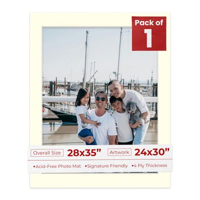 28x35 Mat Bevel Cut for 24x30 Photos - Acid Free Textured Cream Precut Matboard With Backing Board and Crystal Clear, Self Seal Photo Mat Bag - For Pictures, Photos, Framing - 4-ply Thickness