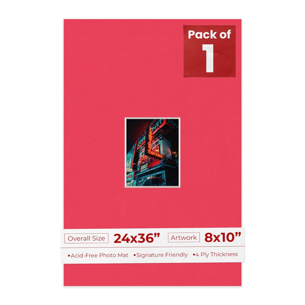 24x36 Mat Bevel Cut for 8x10 Photos - Acid Free Cardinal Red Precut Matboard With Backing Board and Crystal Clear, Self Seal Photo Mat Bag - For Pictures, Photos, Framing - 4-ply Thickness