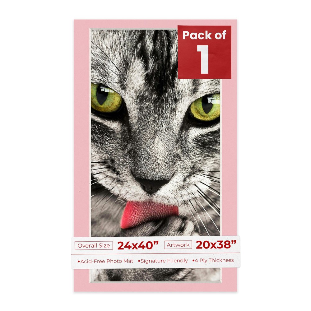 Poster Palooza 24x40 Mat Bevel Cut for 20x38 Photos - Acid Free Pink Precut Matboard With Backing Board and Crystal Clear, Self Seal Photo Mat Bag - For Pictures, Photos, Framing - 4-ply Thickness