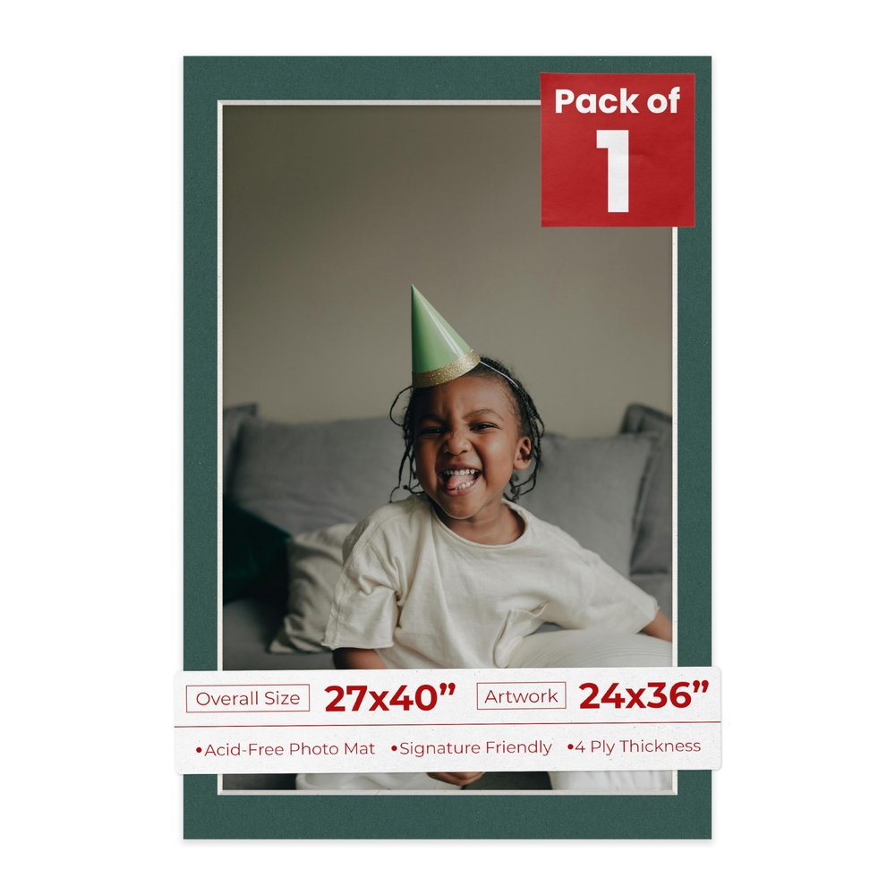 27x40 Mat Bevel Cut for 24x36 Photos - Acid Free Forest Green Precut Matboard With Backing Board and Crystal Clear, Self Seal Photo Mat Bag - For Pictures, Photos, Framing - 4-ply Thickness