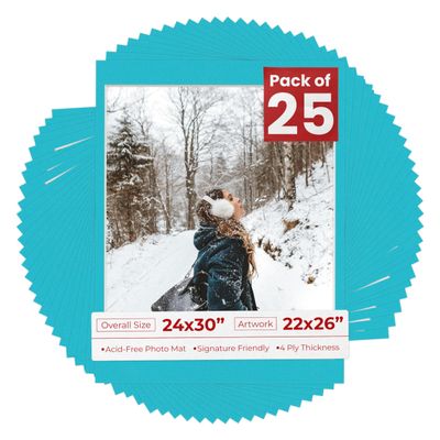 Pack of 25 Acid Free 24x30 Mats Bevel Cut for 22x26 Photos - Aquamarine Blue Precut Matboards With Backing Boards and Clear Photo Mat Bags For Pictures, Photos, Framing - 4-ply Thickness
