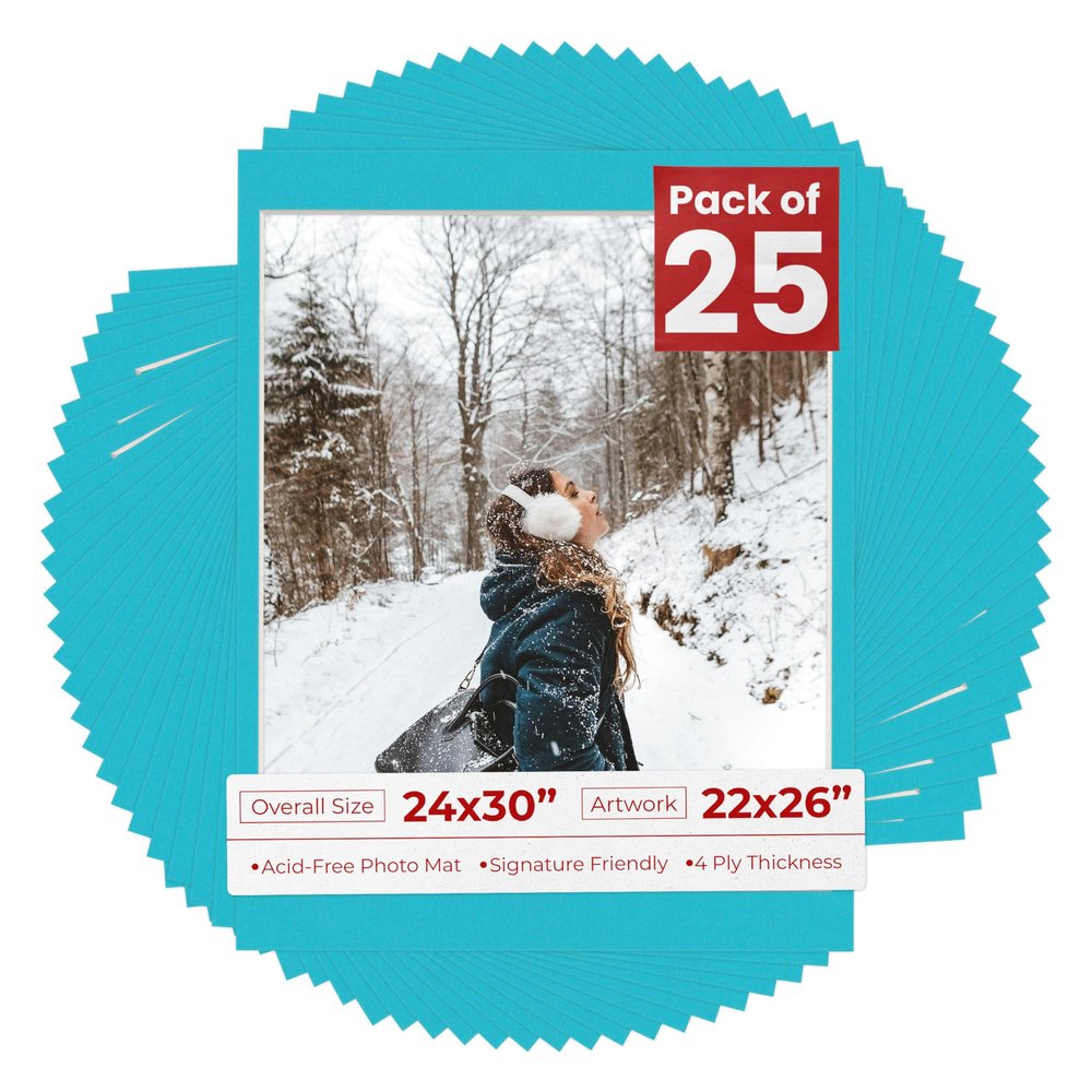 Pack of 25 Acid Free 24x30 Mats Bevel Cut for 22x26 Photos - Aquamarine Blue Precut Matboards With Backing Boards and Clear Photo Mat Bags For Pictures, Photos, Framing - 4-ply Thickness