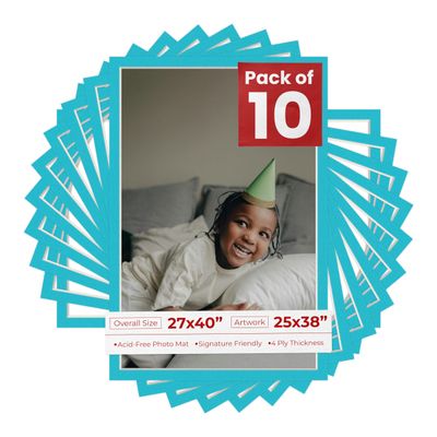 Poster Palooza Pack of TEN 27x40 Mats Bevel Cut for 25x38 Photos - Acid Free Aquamarine Blue Precut Matboards For Pictures, Photos, Framing - 4-ply Thickness