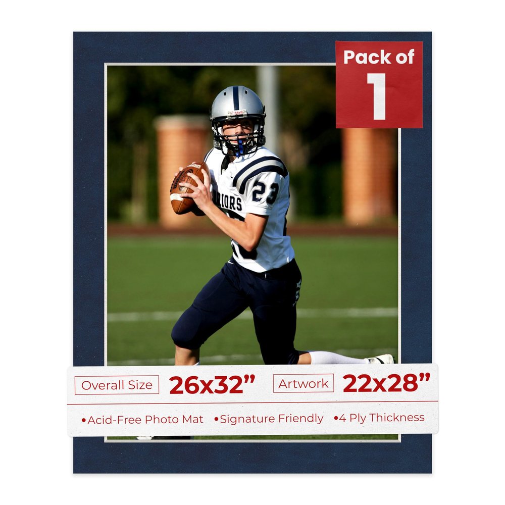 26x32 Mat Bevel Cut for 22x28 Photos - Acid Free Navy Suede Precut Matboard With Backing Board and Crystal Clear, Self Seal Photo Mat Bag - For Pictures, Photos, Framing - 4-ply Thickness