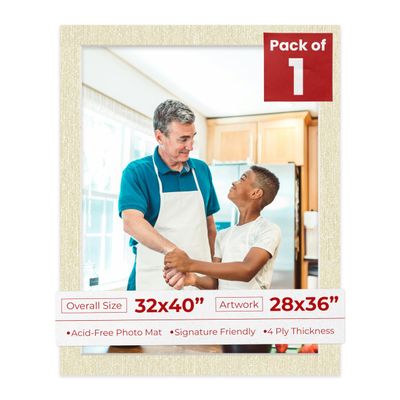 32x40 Mat Bevel Cut for 28x36 Photos - Acid Free Fresh Linen Canvas Precut Matboard With Backing Board and Crystal Clear, Self Seal Photo Mat Bag - For Pictures, Photos, Framing - 4-ply Thickness