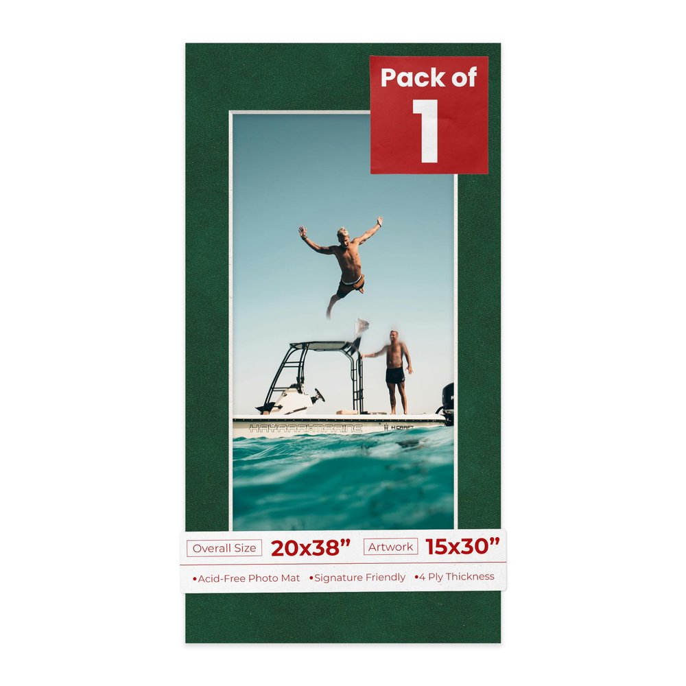 20x38 Mat Bevel Cut for 15x30 Photos - Acid Free Green Suede Precut Matboard With Backing Board and Crystal Clear, Self Seal Photo Mat Bag - For Pictures, Photos, Framing - 4-ply Thickness