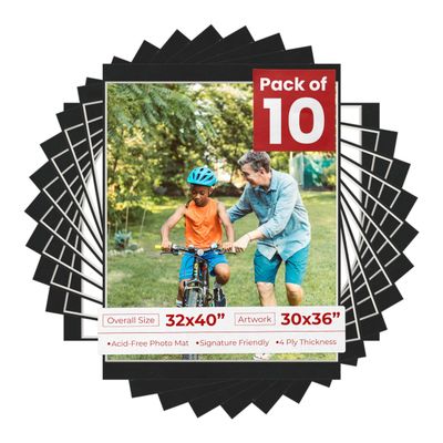 Pack of Ten Acid Free 32x40 Mats Bevel Cut for 30x36 Photos - Black Suede Precut Matboards With Backing Boards and Self Seal Photo Mat Bags For Pictures, Photos, Framing - 4-ply Thickness