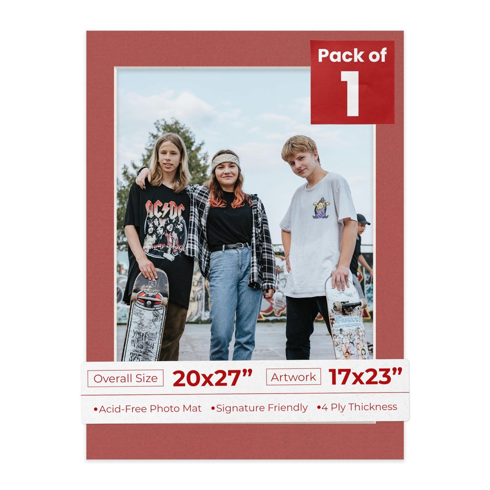 20x27 Mat Bevel Cut for 17x23 Photos - Acid Free Brick Red Precut Matboard With Backing Board and Crystal Clear, Self Seal Photo Mat Bag - For Pictures, Photos, Framing - 4-ply Thickness