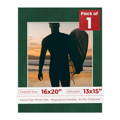 16x20 Mat Bevel Cut for 13x15 Photos - Acid Free Green Suede Precut Matboard With Backing Board and Crystal Clear, Self Seal Photo Mat Bag - For Pictures, Photos, Framing - 4-ply Thickness