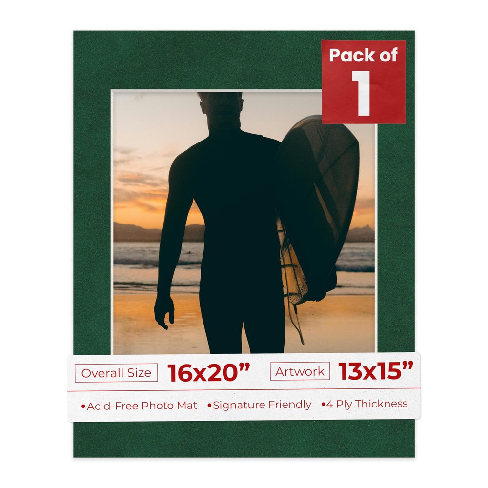 16x20 Mat Bevel Cut for 13x15 Photos - Acid Free Green Suede Precut Matboard With Backing Board and Crystal Clear, Self Seal Photo Mat Bag - For Pictures, Photos, Framing - 4-ply Thickness