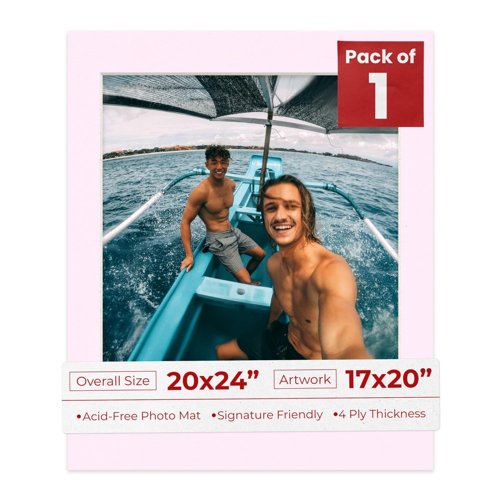 20x24 Mat Bevel Cut for 17x20 Photos - Acid Free Soft Pink Precut Matboard With Backing Board and Crystal Clear, Self Seal Photo Mat Bag - For Pictures, Photos, Framing - 4-ply Thickness