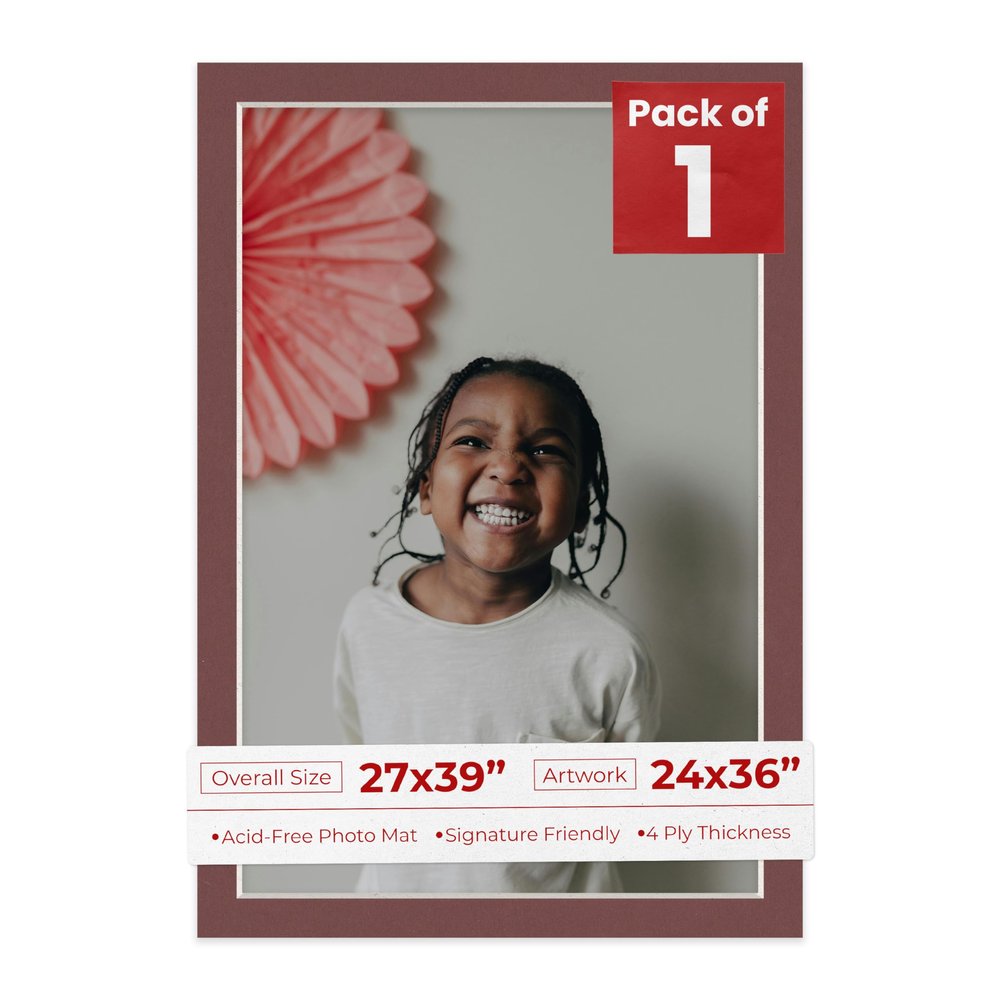 27x39 Mat Bevel Cut for 24x36 Photos - Acid Free Maroon Red Precut Matboard With Backing Board and Crystal Clear, Self Seal Photo Mat Bag - For Pictures, Photos, Framing - 4-ply Thickness