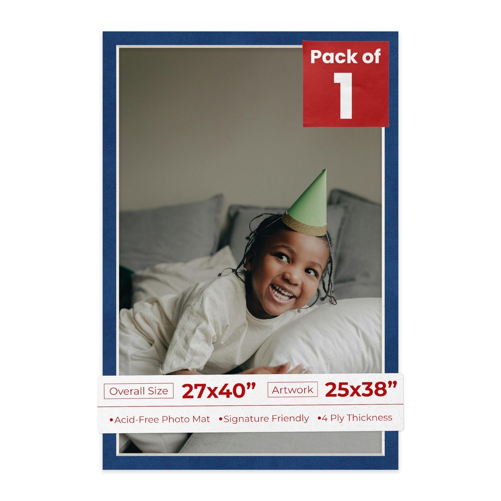 27x40 Mat Bevel Cut for 25x38 Photos - Acid Free Brooke Blue Suede Precut Matboard With Backing Board and Crystal Clear, Self Seal Photo Mat Bag - For Pictures, Photos, Framing - 4-ply Thickness