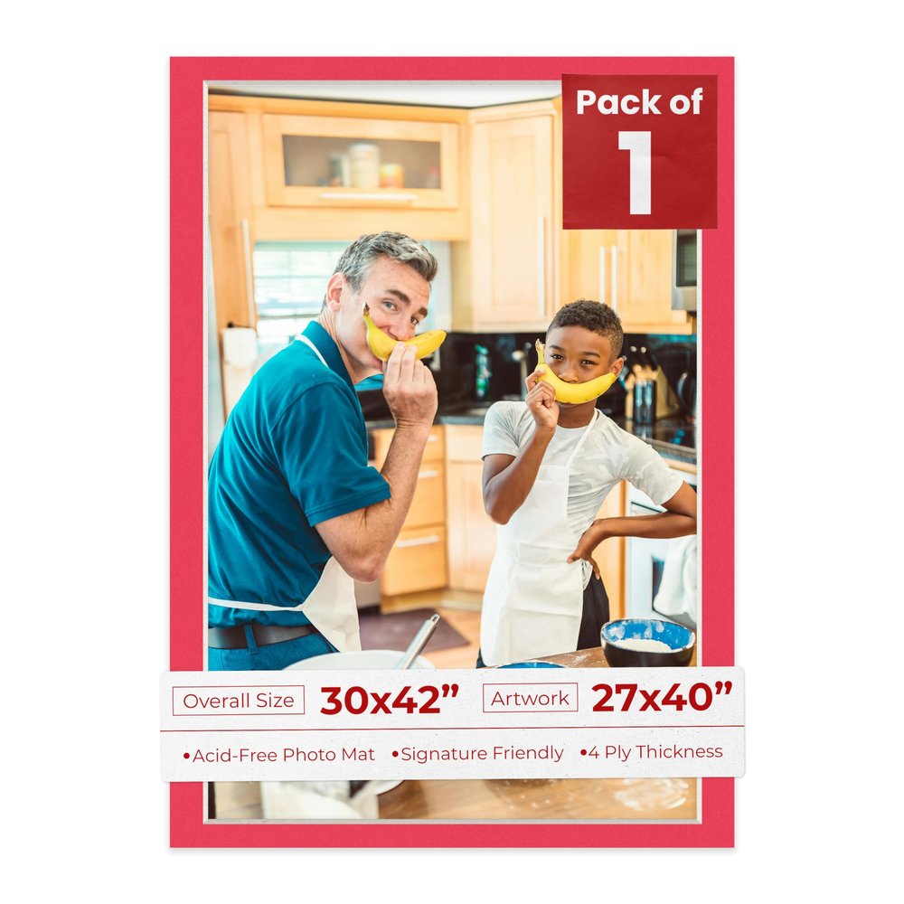 30x42 Mat Bevel Cut for 27x40 Photos - Acid Free Cardinal Red Precut Matboard With Backing Board and Crystal Clear, Self Seal Photo Mat Bag - For Pictures, Photos, Framing - 4-ply Thickness