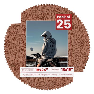 Pack of 25 Acid Free 18x24 Mats Bevel Cut for 15x19 Photos - Football Texture Precut Matboards With Backing Boards and Clear Photo Mat Bags For Pictures, Photos, Framing - 4-ply Thickness