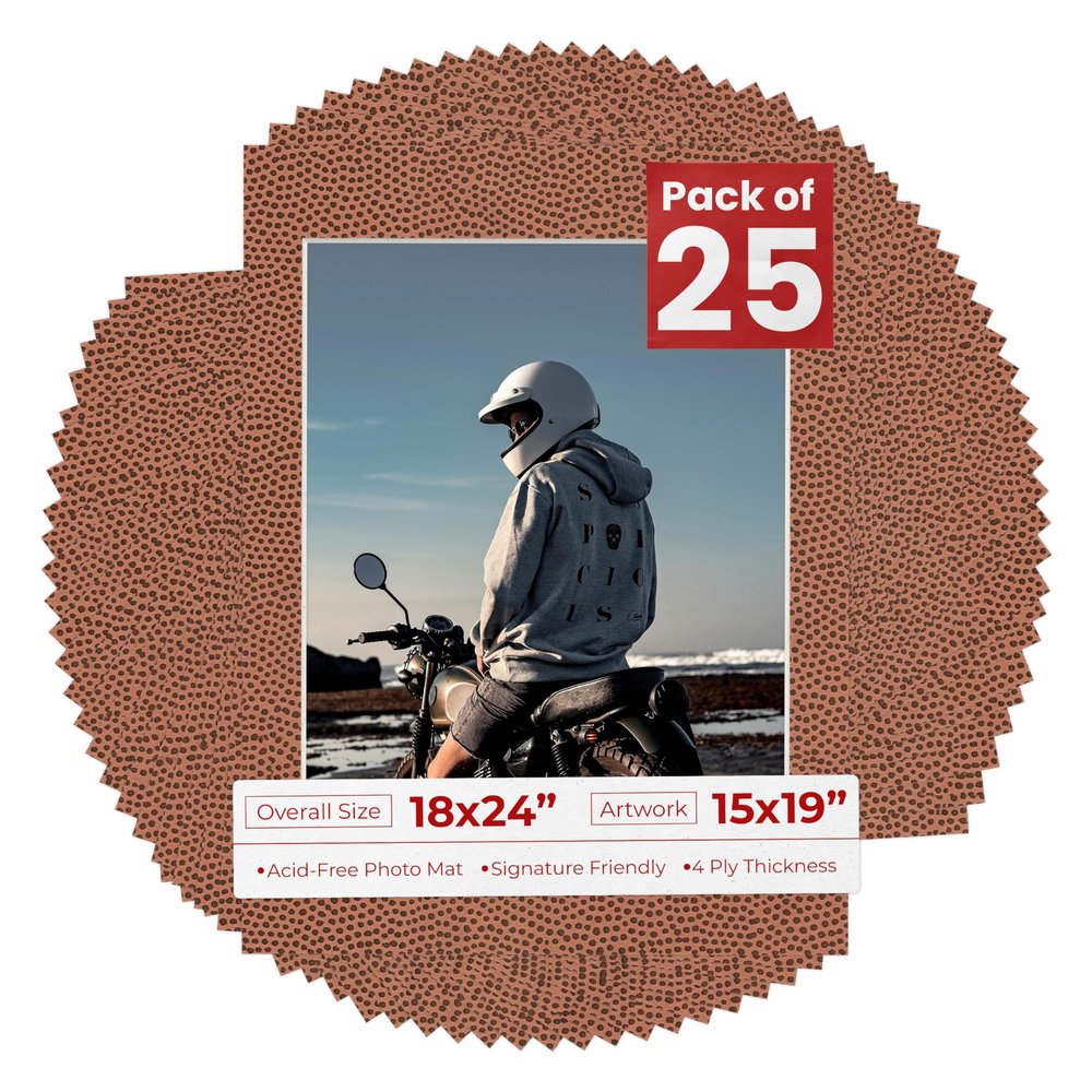 Pack of 25 Acid Free 18x24 Mats Bevel Cut for 15x19 Photos - Football Texture Precut Matboards With Backing Boards and Clear Photo Mat Bags For Pictures, Photos, Framing - 4-ply Thickness