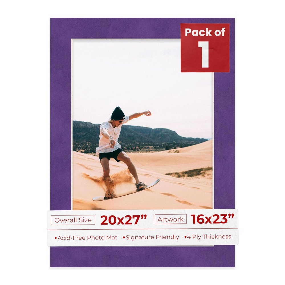20x27 Mat Bevel Cut for 16x23 Photos - Acid Free Purple Crocus Suede Precut Matboard With Backing Board and Crystal Clear, Self Seal Photo Mat Bag - For Pictures, Photos, Framing - 4-ply Thickness