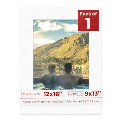 12x16 Mat Bevel Cut for 9x13 Photos - Acid Free Oyster Shell White Precut Matboard With Backing Board and Crystal Clear, Self Seal Photo Mat Bag - For Pictures, Photos, Framing - 4-ply Thickness