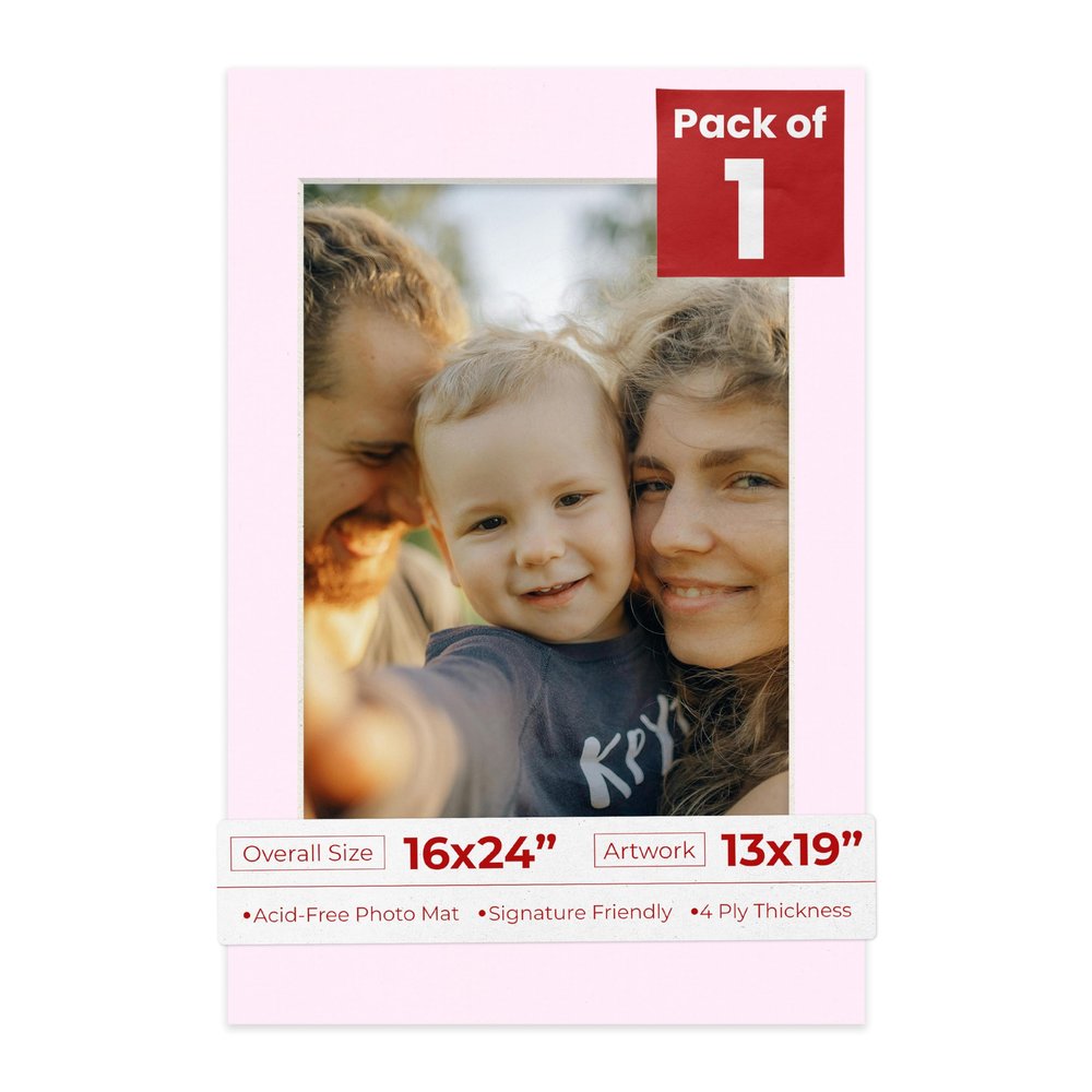 16x24 Mat Bevel Cut for 13x19 Photos - Acid Free Soft Pink Precut Matboard With Backing Board and Crystal Clear, Self Seal Photo Mat Bag - For Pictures, Photos, Framing - 4-ply Thickness