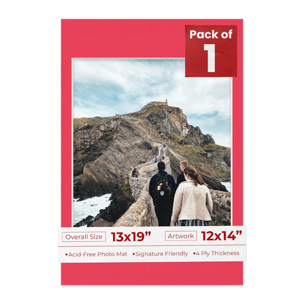 13x19 Mat Bevel Cut for 12x14 Photos - Acid Free Cardinal Red Precut Matboard With Backing Board and Crystal Clear, Self Seal Photo Mat Bag - For Pictures, Photos, Framing - 4-ply Thickness