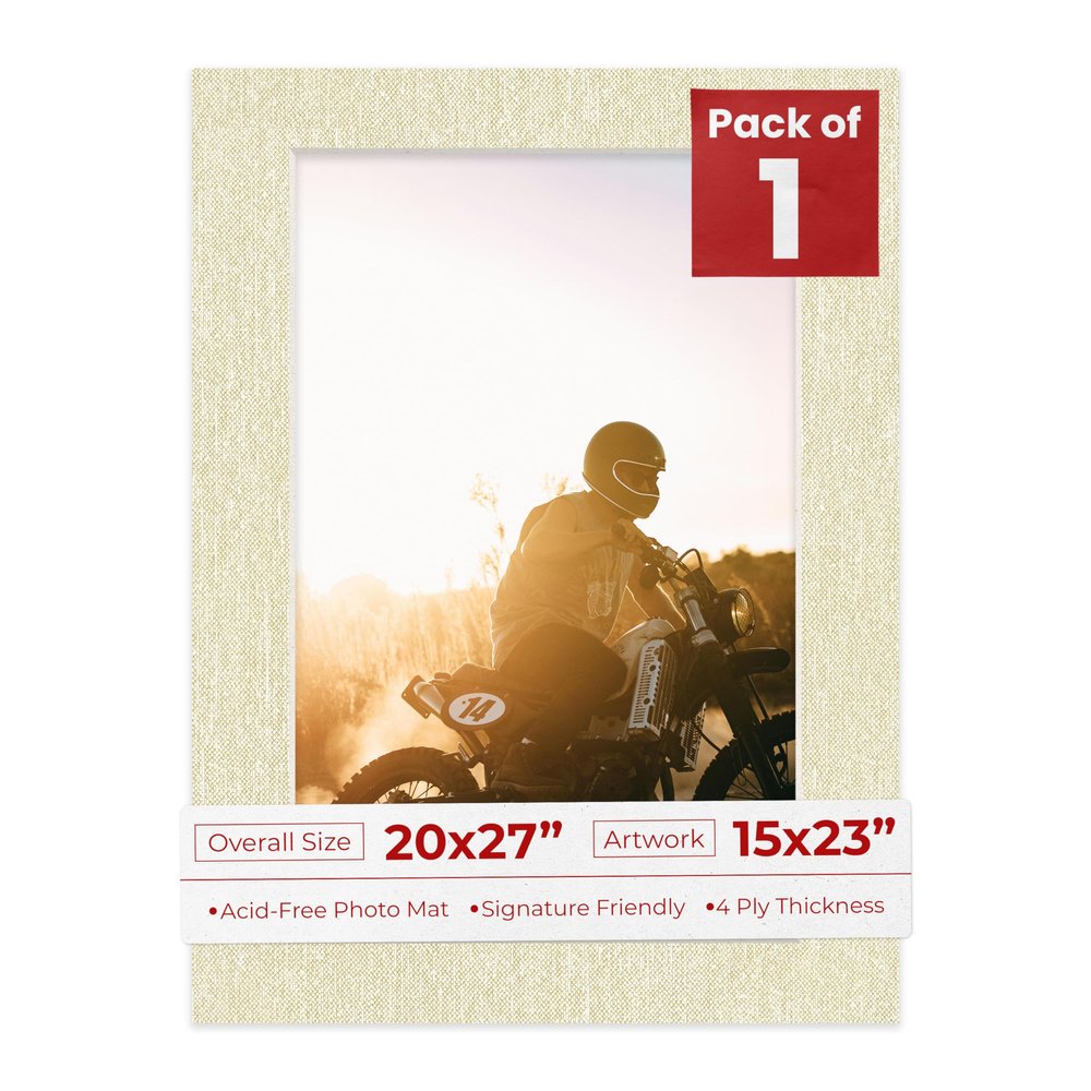 20x27 Mat Bevel Cut for 15x23 Photos - Acid Free Fresh Linen Canvas Precut Matboard With Backing Board and Crystal Clear, Self Seal Photo Mat Bag - For Pictures, Photos, Framing - 4-ply Thickness