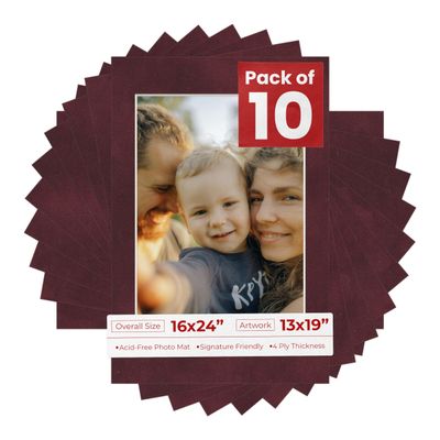 Poster Palooza Pack of TEN 16x24 Mats Bevel Cut for 13x19 Photos - Acid Free Dark Red Suede Precut Matboards For Pictures, Photos, Framing - 4-ply Thickness