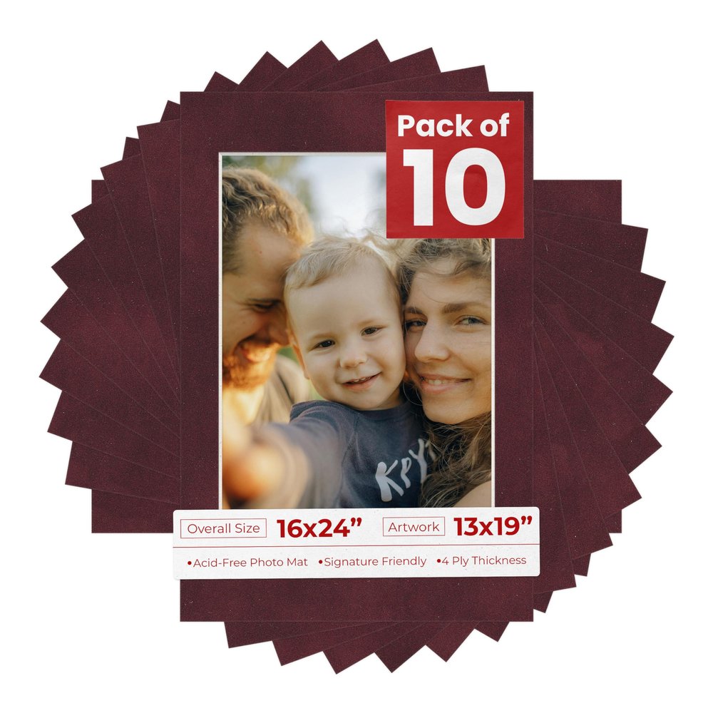 Poster Palooza Pack of TEN 16x24 Mats Bevel Cut for 13x19 Photos - Acid Free Dark Red Suede Precut Matboards For Pictures, Photos, Framing - 4-ply Thickness