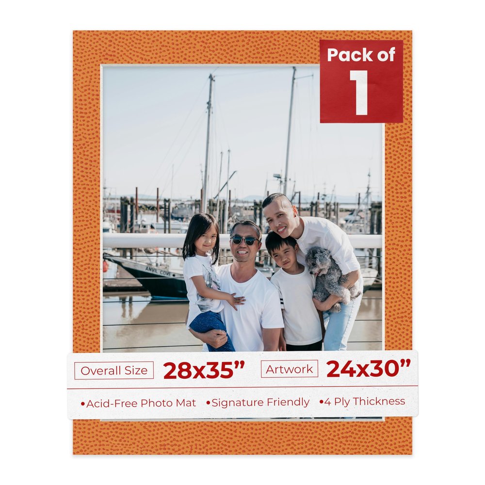 28x35 Mat Bevel Cut for 24x30 Photos - Acid Free Basketball Texture Precut Matboard With Backing Board and Crystal Clear, Self Seal Photo Mat Bag - For Pictures, Photos, Framing - 4-ply Thickness