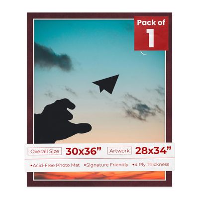 30x36 Mat Bevel Cut for 28x34 Photos - Acid Free Dark Red Suede Precut Matboard With Backing Board and Crystal Clear, Self Seal Photo Mat Bag - For Pictures, Photos, Framing - 4-ply Thickness