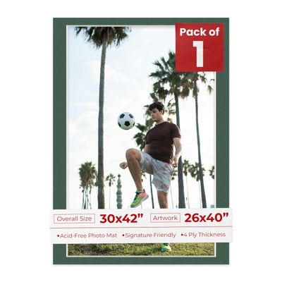 30x42 Mat Bevel Cut for 26x40 Photos - Acid Free Hunter Green Precut Matboard With Backing Board and Crystal Clear, Self Seal Photo Mat Bag - For Pictures, Photos, Framing - 4-ply Thickness