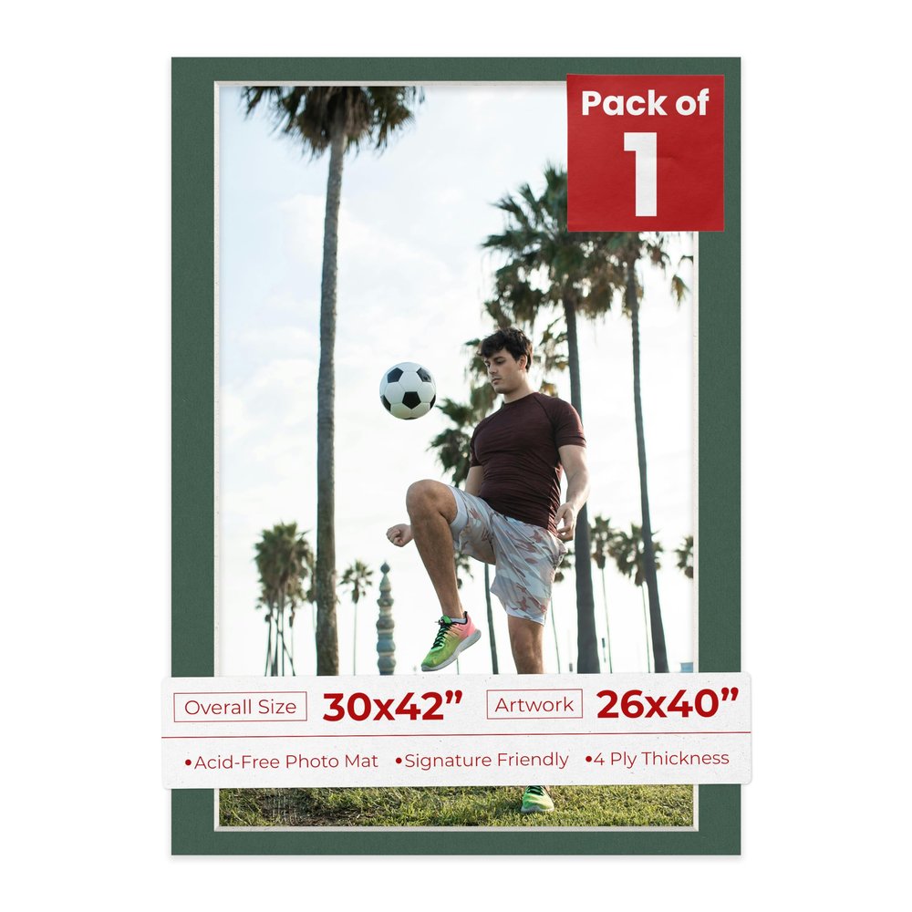 30x42 Mat Bevel Cut for 26x40 Photos - Acid Free Hunter Green Precut Matboard With Backing Board and Crystal Clear, Self Seal Photo Mat Bag - For Pictures, Photos, Framing - 4-ply Thickness