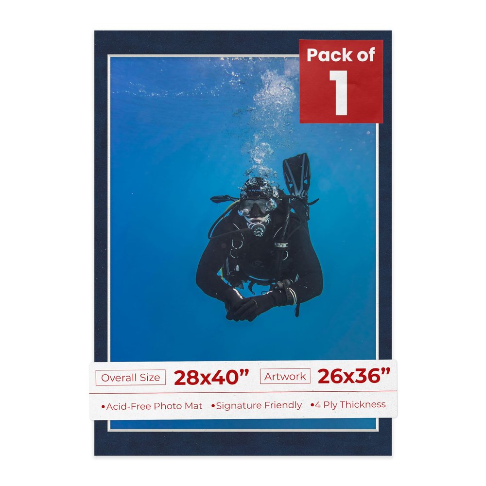 28x40 Mat Bevel Cut for 26x36 Photos - Acid Free Navy Suede Precut Matboard With Backing Board and Crystal Clear, Self Seal Photo Mat Bag - For Pictures, Photos, Framing - 4-ply Thickness