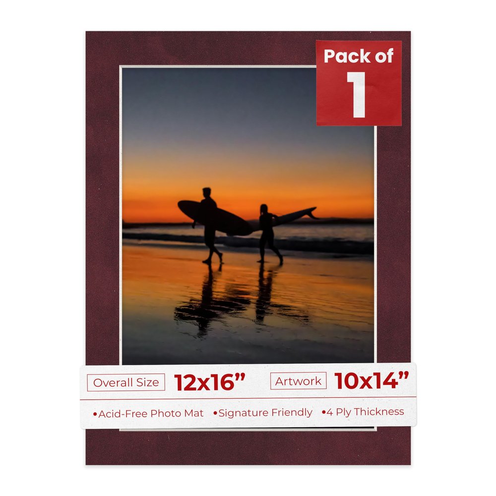 Poster Palooza 12x16 Mat Bevel Cut for 10x14 Photos - Acid Free Dark Red Suede Precut Matboard - For Pictures, Photos, Framing - 4-ply Thickness