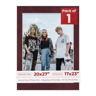 20x27 Mat Bevel Cut for 17x23 Photos - Acid Free Dark Red Suede Precut Matboard With Backing Board and Crystal Clear, Self Seal Photo Mat Bag - For Pictures, Photos, Framing - 4-ply Thickness
