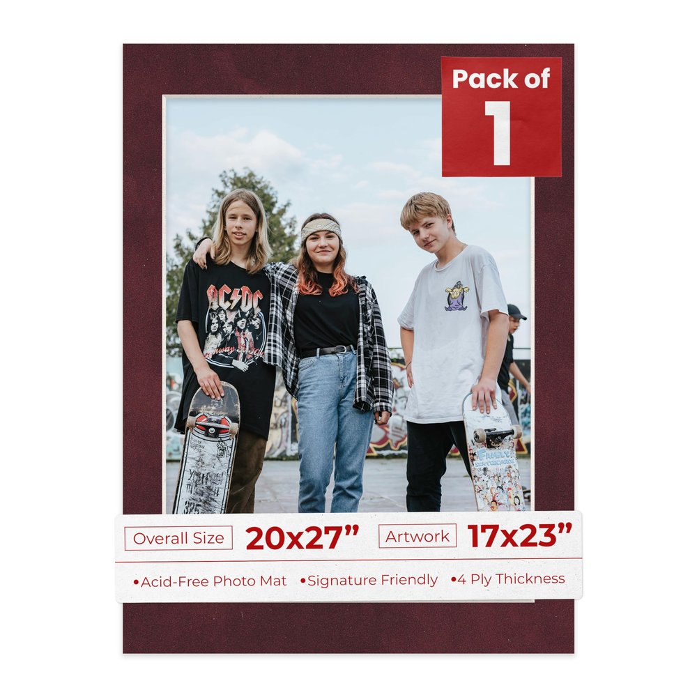 20x27 Mat Bevel Cut for 17x23 Photos - Acid Free Dark Red Suede Precut Matboard With Backing Board and Crystal Clear, Self Seal Photo Mat Bag - For Pictures, Photos, Framing - 4-ply Thickness
