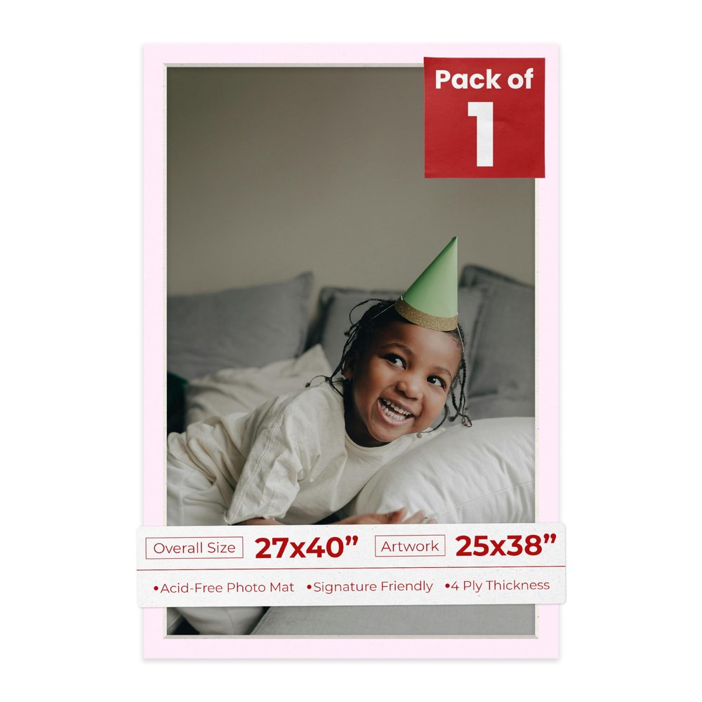 27x40 Mat Bevel Cut for 25x38 Photos - Acid Free Soft Pink Precut Matboard With Backing Board and Crystal Clear, Self Seal Photo Mat Bag - For Pictures, Photos, Framing - 4-ply Thickness