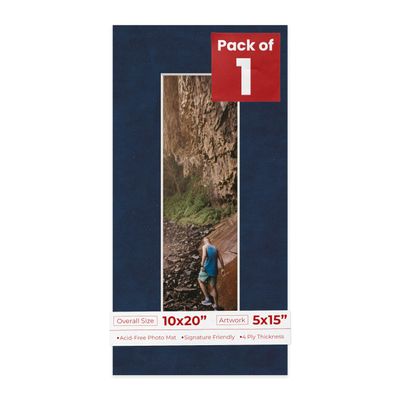 10x20 Mat Bevel Cut for 5x15 Photos - Acid Free Navy Suede Precut Matboard With Backing Board and Crystal Clear, Self Seal Photo Mat Bag - For Pictures, Photos, Framing - 4-ply Thickness