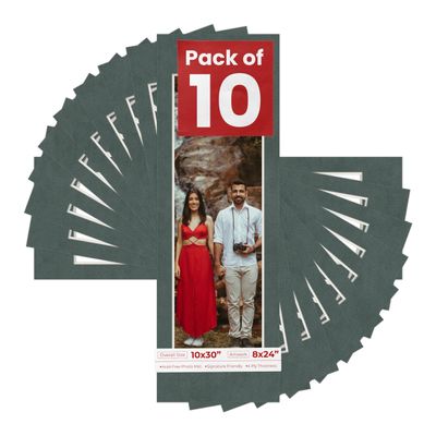 Pack of Ten Acid Free 10x30 Mats Bevel Cut for 8x24 Photos - Dark Grey Suede Precut Matboards With Backing Boards and Self Seal Photo Mat Bags For Pictures, Photos, Framing - 4-ply Thickness