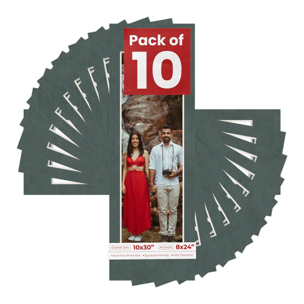 Pack of Ten Acid Free 10x30 Mats Bevel Cut for 8x24 Photos - Dark Grey Suede Precut Matboards With Backing Boards and Self Seal Photo Mat Bags For Pictures, Photos, Framing - 4-ply Thickness