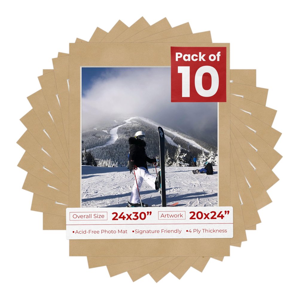 Poster Palooza Pack of TEN 24x30 Mats Bevel Cut for 20x24 Photos - Acid Free Beige Suede Precut Matboards For Pictures, Photos, Framing - 4-ply Thickness