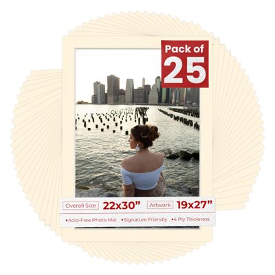 Poster Palooza Pack of 25 Acid Free 22x30 Mats Bevel Cut for 19x27 Photos - Cream Precut Matboards With Backing Boards and Clear Photo Mat Bags For Pictures, Photos, Framing - 4-ply Thickness