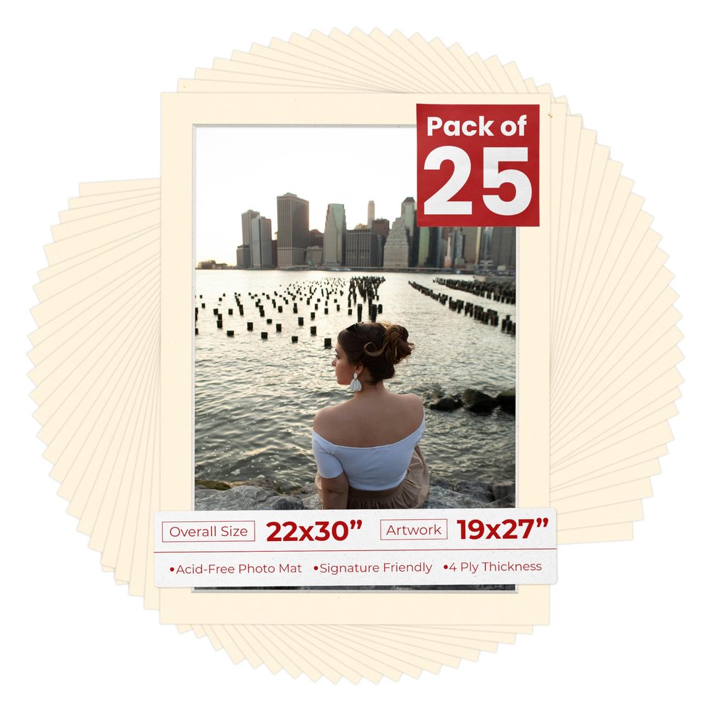 Poster Palooza Pack of 25 Acid Free 22x30 Mats Bevel Cut for 19x27 Photos - Cream Precut Matboards With Backing Boards and Clear Photo Mat Bags For Pictures, Photos, Framing - 4-ply Thickness